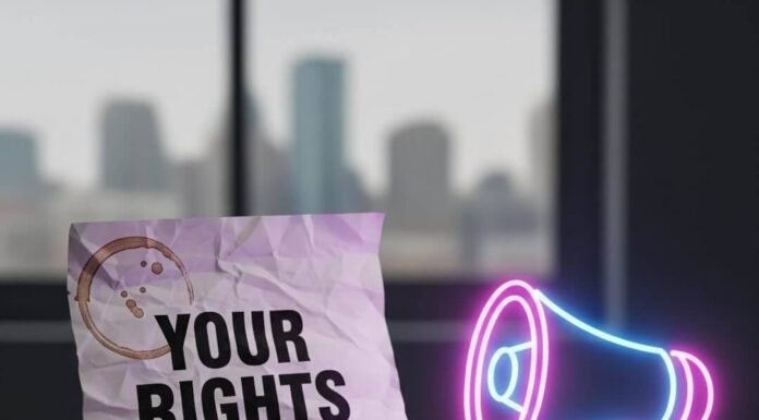 Know Your Rights: Legal Protection Against Harassment Crumpled "Your Rights" paper, glowing megaphone, daisy, Boston skyline, coffee stains.