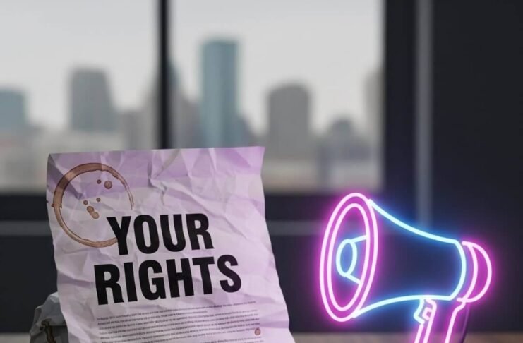 Know Your Rights: Legal Protection Against Harassment Crumpled "Your Rights" paper, glowing megaphone, daisy, Boston skyline, coffee stains.