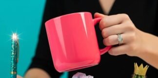 7 Empowering Ways Women Are Fighting Back at Work A vibrant desk scene: hand slamming a neon-pink mug on crumpled papers.