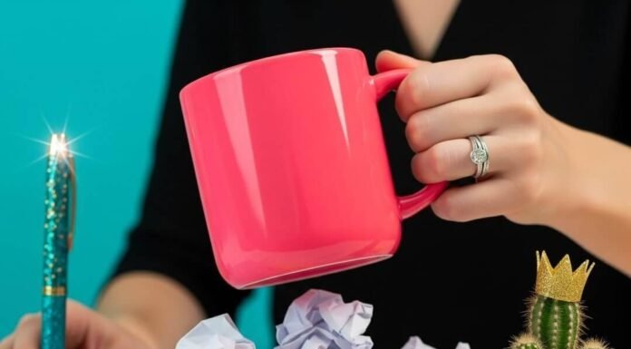 7 Empowering Ways Women Are Fighting Back at Work A vibrant desk scene: hand slamming a neon-pink mug on crumpled papers.