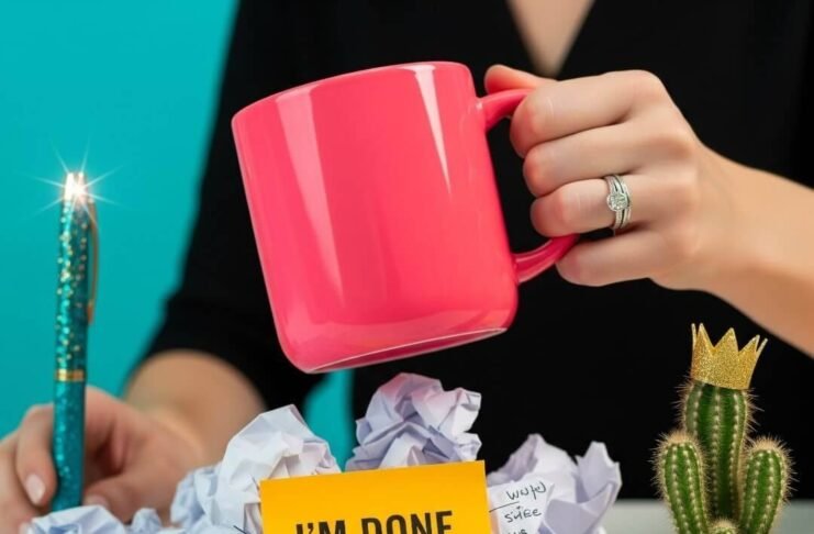 7 Empowering Ways Women Are Fighting Back at Work A vibrant desk scene: hand slamming a neon-pink mug on crumpled papers.