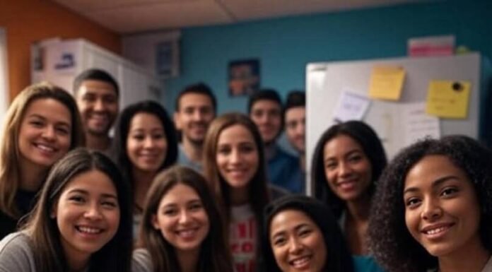 How to Build a Harassment-Free Workplace Culture? Diverse crew in cluttered break room, "Be Kind" note, chipped mug, dinosaur toy.