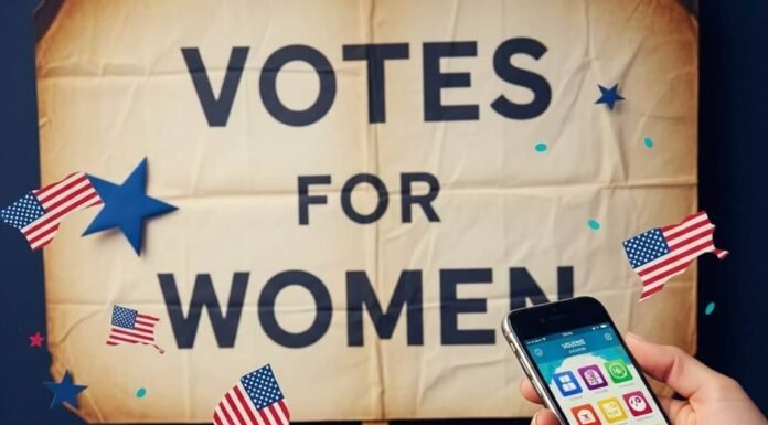 How Women Won the Right to Vote—And What’s Next Old ballot box, phone with voting app, suffragette sign, confetti.