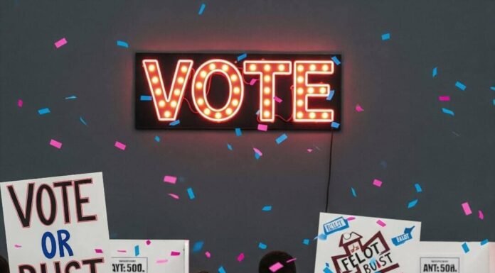 Why Your Vote Matters More Than Ever in 2025 A bustling polling station with a flickering "VOTE" sign and diverse voters.