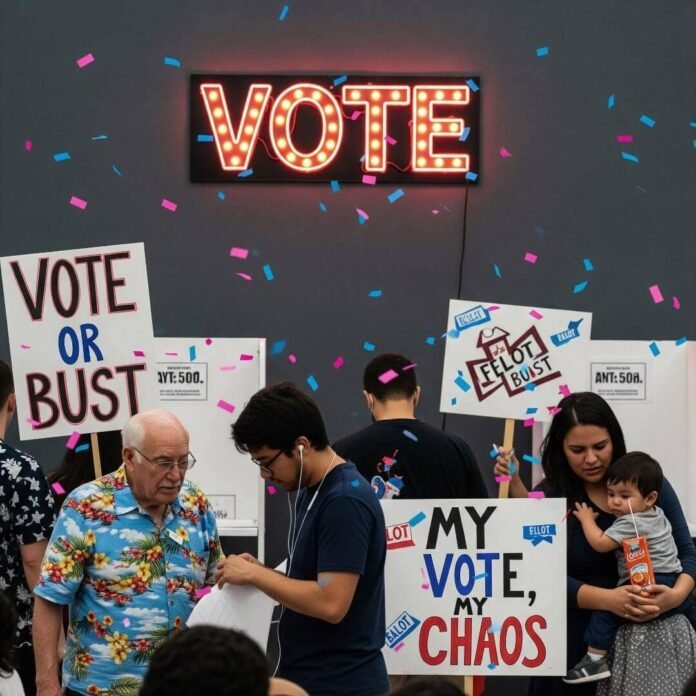 A bustling polling station with a flickering "VOTE" sign and diverse voters. A bustling polling station with a flickering "VOTE" sign and diverse voters.