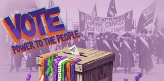 A History of Women’s Voting Rights in America An artistic rendering of a ballot box overflowing with ribbons against a suffragist march.