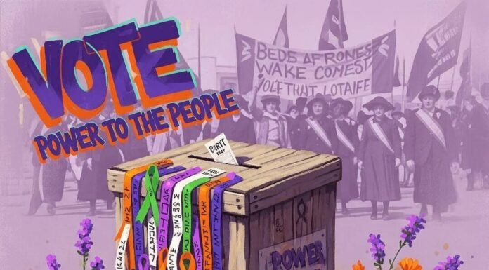 A History of Women’s Voting Rights in America An artistic rendering of a ballot box overflowing with ribbons against a suffragist march.