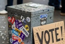 5 Women Who Changed Politics by Showing Up to Vote A photorealistic image of a beat-up ballot box with stickers, sneakers, and confetti.