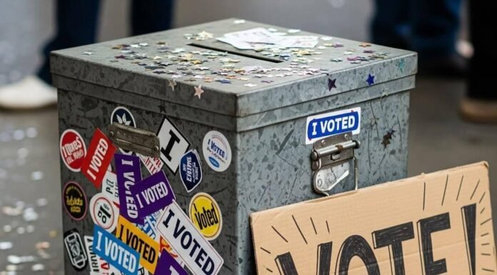 5 Women Who Changed Politics by Showing Up to Vote A photorealistic image of a beat-up ballot box with stickers, sneakers, and confetti.