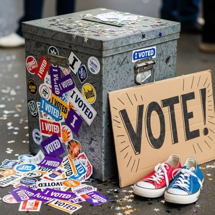 A photorealistic image of a beat-up ballot box with stickers, sneakers, and confetti.