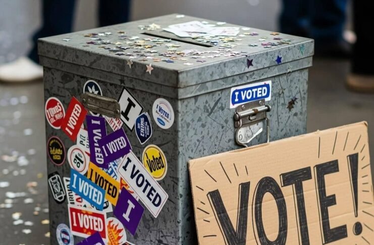 5 Women Who Changed Politics by Showing Up to Vote A photorealistic image of a beat-up ballot box with stickers, sneakers, and confetti.