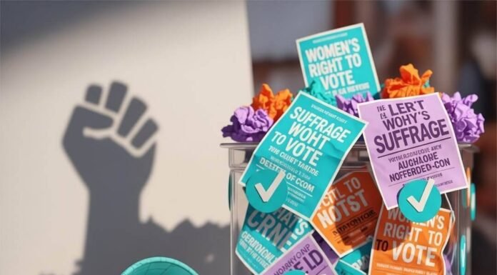 Are Women Still Being Silenced at the Ballot Box? A ballot box overflowing with suffrage flyers, a megaphone, and checkmark confetti.