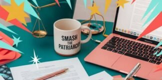 Legal Steps to Launch Your Own Business as a Woman Cluttered desk: legal papers, pink laptop, glittery pen, "Smash the Patriarchy" mug.