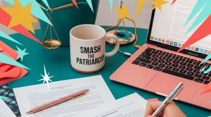 Legal Steps to Launch Your Own Business as a Woman Cluttered desk: legal papers, pink laptop, glittery pen, "Smash the Patriarchy" mug.