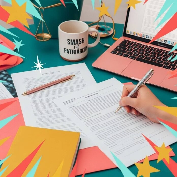 Cluttered desk: legal papers, pink laptop, glittery pen, "Smash the Patriarchy" mug. Cluttered desk: legal papers, pink laptop, glittery pen, "Smash the Patriarchy" mug.