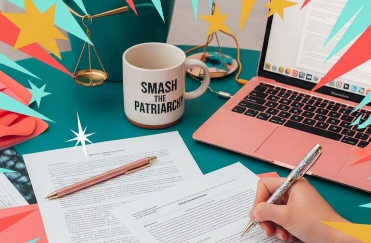 Legal Steps to Launch Your Own Business as a Woman Cluttered desk: legal papers, pink laptop, glittery pen, "Smash the Patriarchy" mug.