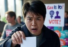 How to Get Involved in Local Elections as a Woman Person dropping ballot at polling station, half-thrilled, with "Gals Vote!" sign and buttons.