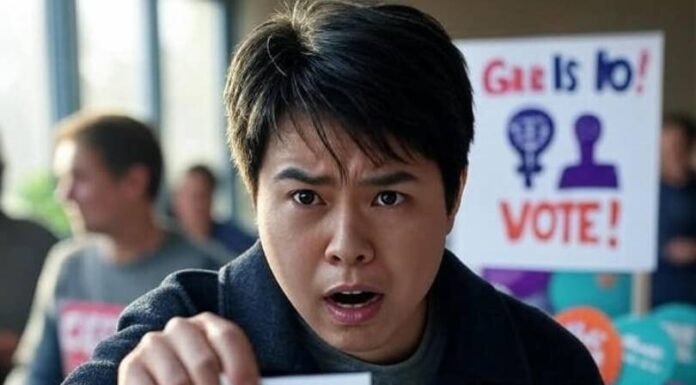 How to Get Involved in Local Elections as a Woman Person dropping ballot at polling station, half-thrilled, with "Gals Vote!" sign and buttons.