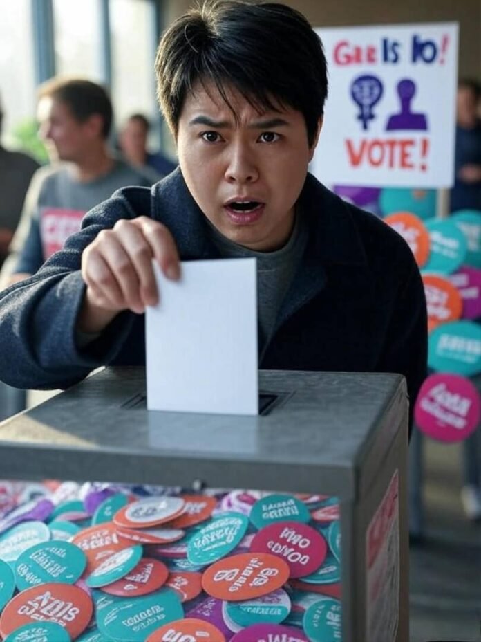 Person dropping ballot at polling station, half-thrilled, with "Gals Vote!" sign and buttons.