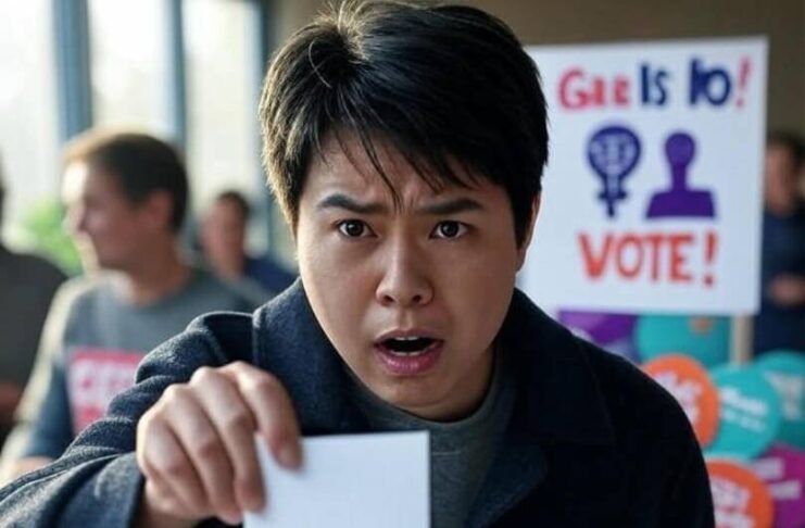 How to Get Involved in Local Elections as a Woman Person dropping ballot at polling station, half-thrilled, with "Gals Vote!" sign and buttons.