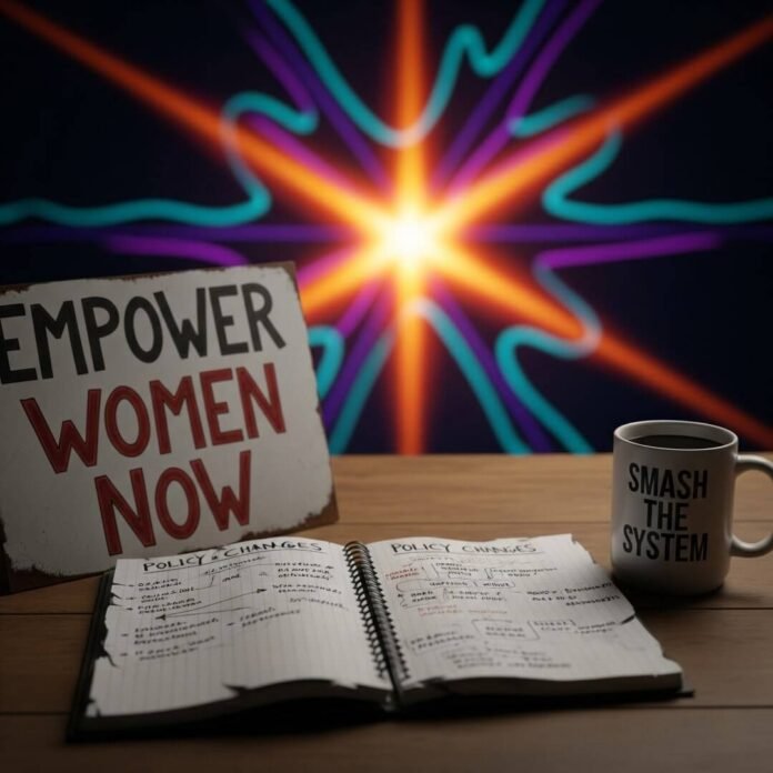 Protest sign, notebook, coffee mug with "Smash the System," and starbursts. Protest sign, notebook, coffee mug with "Smash the System," and starbursts.