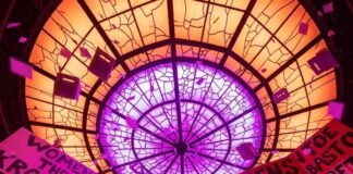 6 Policy Changes That Could Reshape Women’s Rights A blurred, photorealistic protest scene with women's silhouettes, signs, and ballot-box confetti.