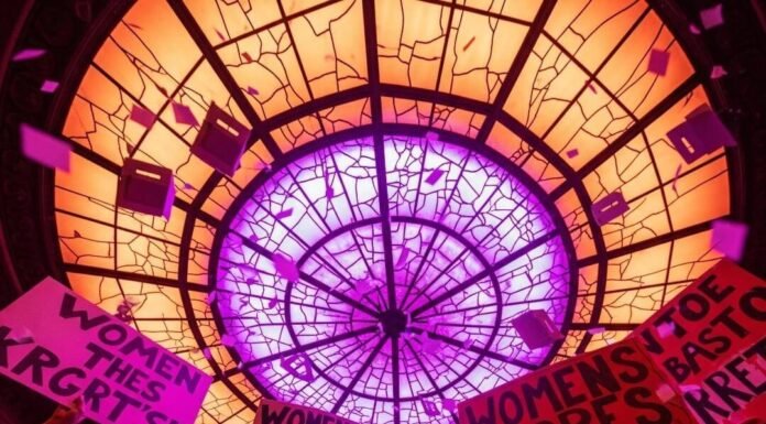 6 Policy Changes That Could Reshape Women’s Rights A blurred, photorealistic protest scene with women's silhouettes, signs, and ballot-box confetti.