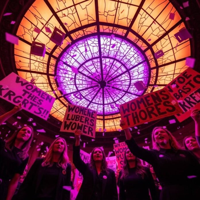 A blurred, photorealistic protest scene with women's silhouettes, signs, and ballot-box confetti.