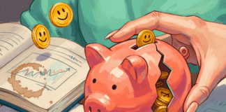 How to Start Investing as a Woman (Even If You’re Clueless) A woman's hand holds a cracked piggy bank with coffee-stained books.