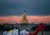 Women Lobbyists Who Are Changing the Game in D.C. Capitol dome at dusk with a red high heel and crumpled papers.