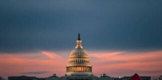 Women Lobbyists Who Are Changing the Game in D.C. Capitol dome at dusk with a red high heel and crumpled papers.