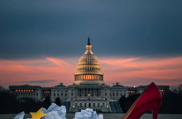 Women Lobbyists Who Are Changing the Game in D.C. Capitol dome at dusk with a red high heel and crumpled papers.