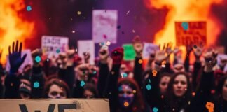 How to Join Women’s Rights Movements and Make a Real Impact A blurry, photorealistic rally with "We Got This" sign, sneaker, and raised hands.