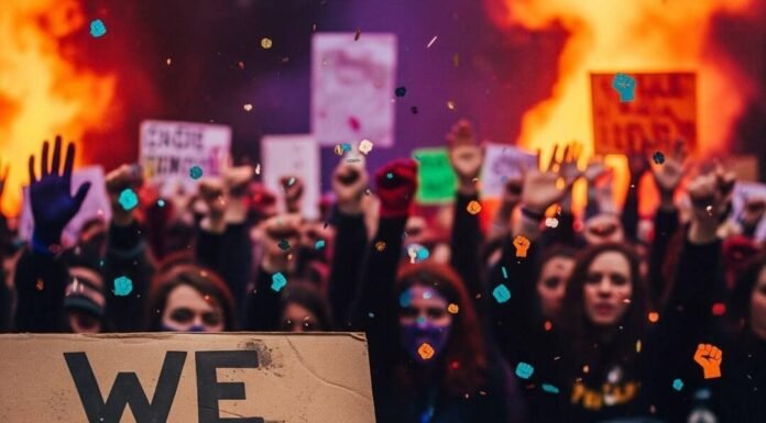 How to Join Women’s Rights Movements and Make a Real Impact A blurry, photorealistic rally with "We Got This" sign, sneaker, and raised hands.