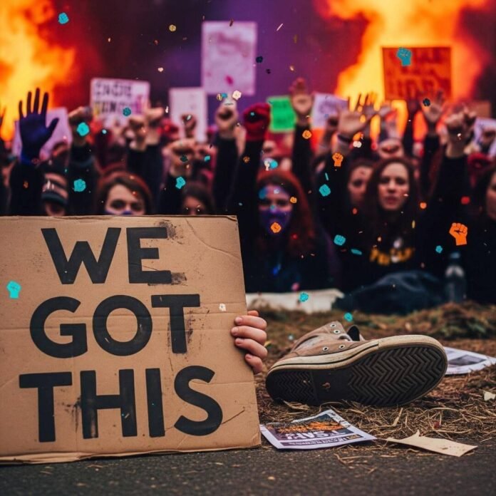 A blurry, photorealistic rally with "We Got This" sign, sneaker, and raised hands.