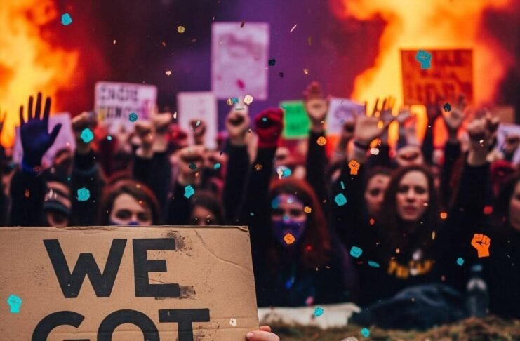 How to Join Women’s Rights Movements and Make a Real Impact A blurry, photorealistic rally with "We Got This" sign, sneaker, and raised hands.
