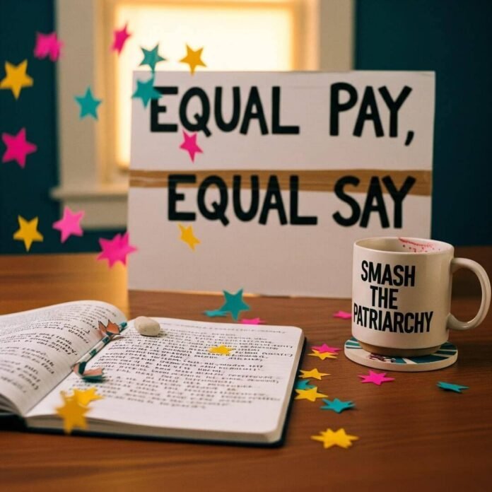 "Feminist desk with 'Equal Pay, Equal Say' sign and 'Smash the Patriarchy' mug.""Feminist desk with 'Equal Pay, Equal Say' sign and 'Smash the Patriarchy' mug."