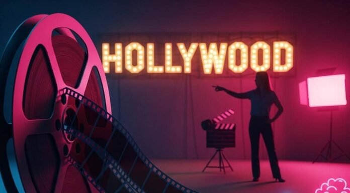 The Evolution of Women in Hollywood Roles Film reel morphing into a tablet, director silhouette, neon Hollywood sign, and popcorn.