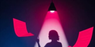 Why Representation of Women in Film Still Lags Vibrant, cinematic scene: film reel, clapperboard, spotlight, female silhouette, floating script pages.