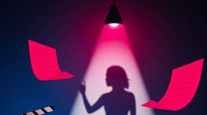 Why Representation of Women in Film Still Lags Vibrant, cinematic scene: film reel, clapperboard, spotlight, female silhouette, floating script pages.