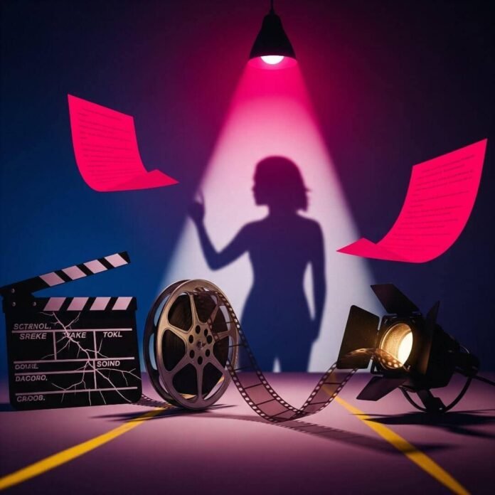 Vibrant, cinematic scene: film reel, clapperboard, spotlight, female silhouette, floating script pages.