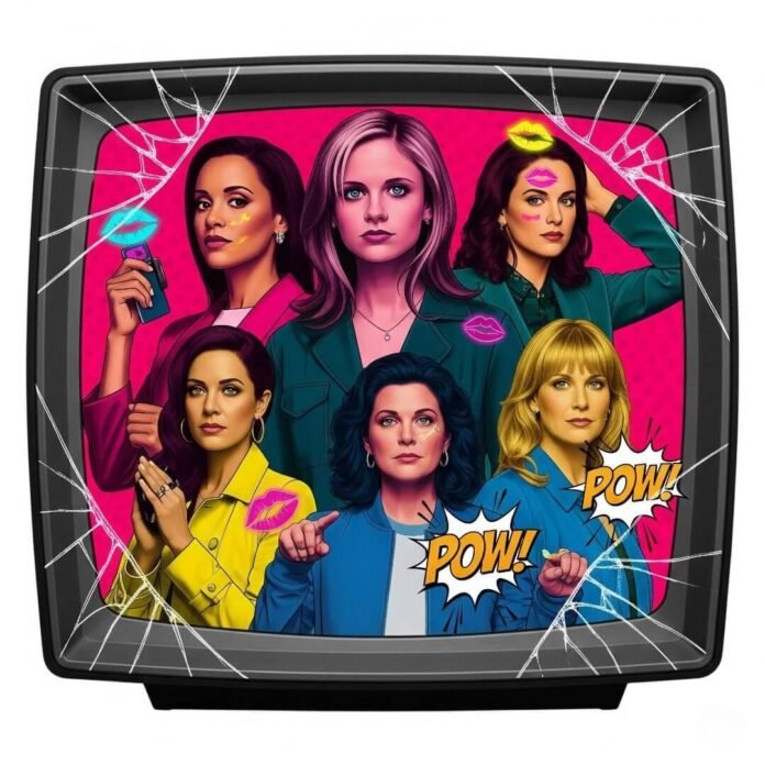 A vibrant, pop-art style collage of powerful female TV characters.