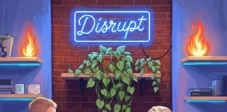 Female Startups That Are Changing the World Coworking space: women with laptops, "Disrupt" neon sign, plants, and quirky mugs.