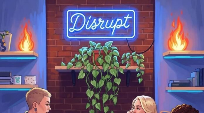 Female Startups That Are Changing the World Coworking space: women with laptops, "Disrupt" neon sign, plants, and quirky mugs.