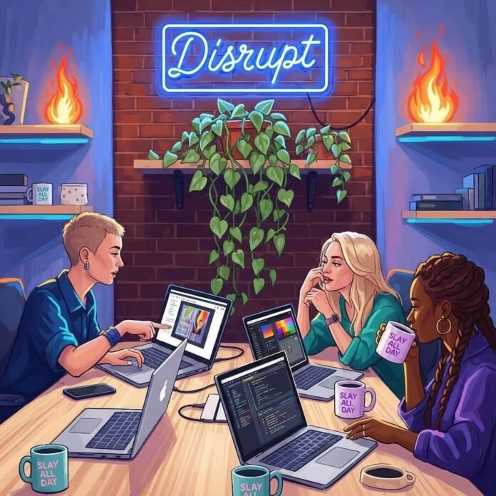 Coworking space: women with laptops, "Disrupt" neon sign, plants, and quirky mugs. Coworking space: women with laptops, "Disrupt" neon sign, plants, and quirky mugs.