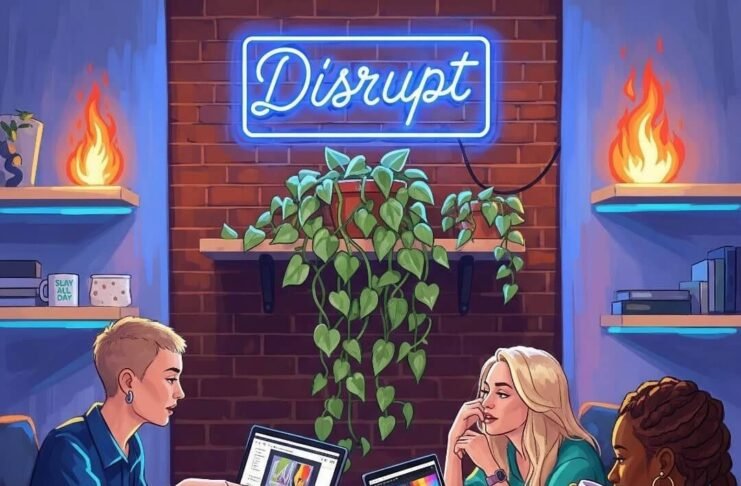 Female Startups That Are Changing the World Coworking space: women with laptops, "Disrupt" neon sign, plants, and quirky mugs.