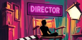 Behind the Camera: The Rise of Women Directors Impressionistic digital painting of a chaotic film set with a director's chair.