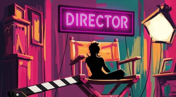 Behind the Camera: The Rise of Women Directors Impressionistic digital painting of a chaotic film set with a director's chair.