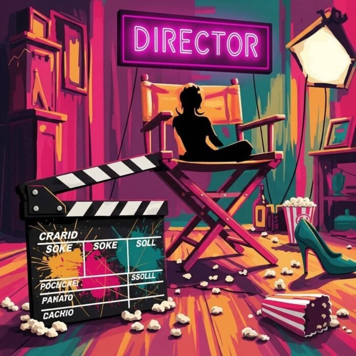 Impressionistic digital painting of a chaotic film set with a director's chair.