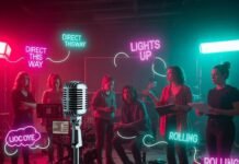 How Women Are Shaping the Future of Entertainment A blurry photo of women directors on a chaotic film set with pink and teal lights.